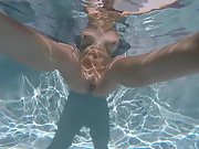 Nude aquafit session in secluded holiday pool, showcase of lengthy labia and pierced nips