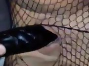 Close up of wife's shaven pussy getting penetrated by black faux-cock